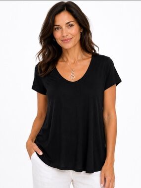 NWT Eileen Fisher 100% Linen Jersey A-Line Tee Black Scoop Neck —PL